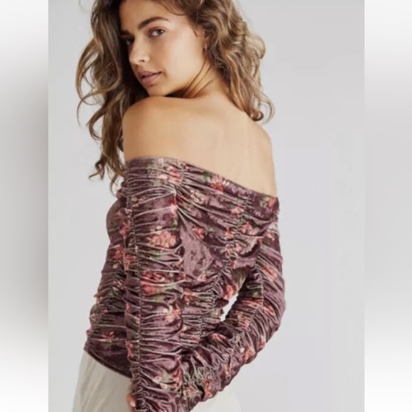 Free People Top Women Medium Boho Western Velour Ruched Off Shoulder - Picture 2 of 4